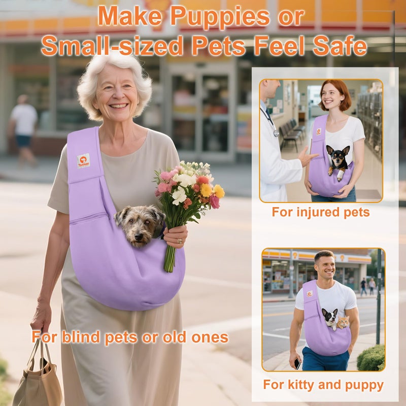Tomkas Small Dog Sling Carrier - Zipper Pocket & Adjustable Strap - for 3-10 lbs Pets(Light Purple) - Image 3